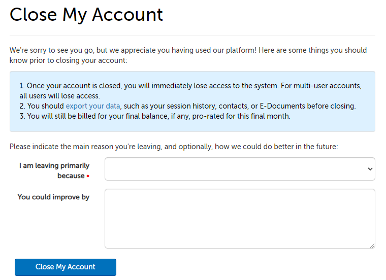 Acknowledgements and close account button