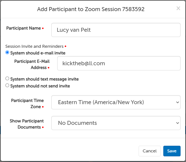 Screencap showing the Add Session Participant form