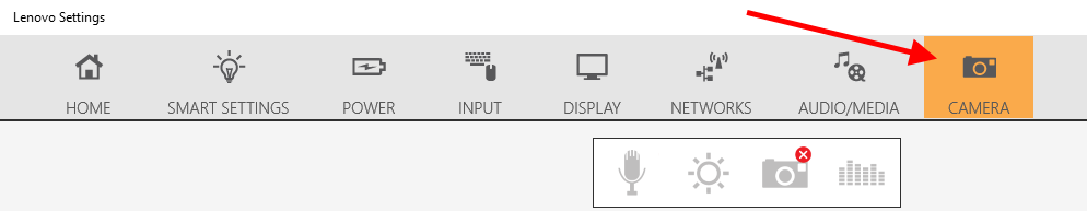 Arrow pointing at the Camera tab in Lenovo Settings