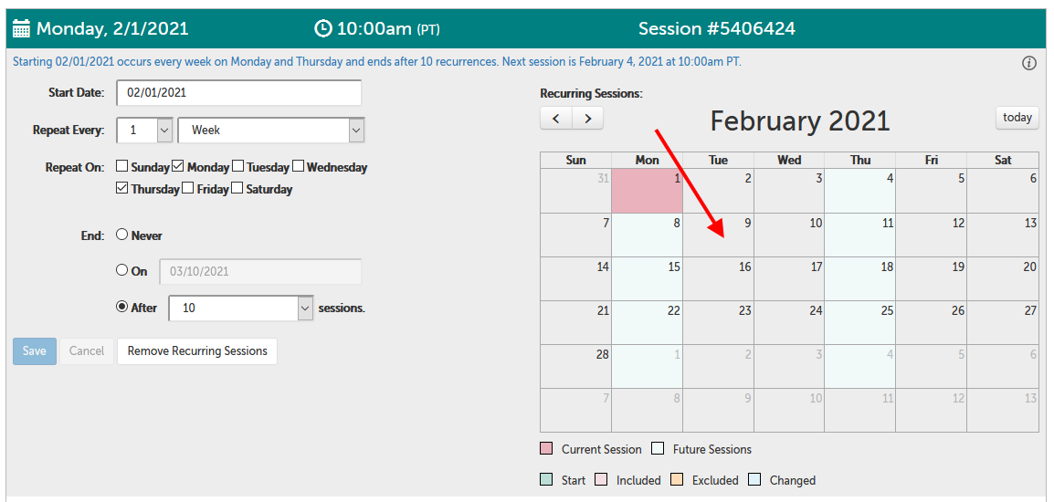 Arrow pointing at random square on calendar (February 9 as example)